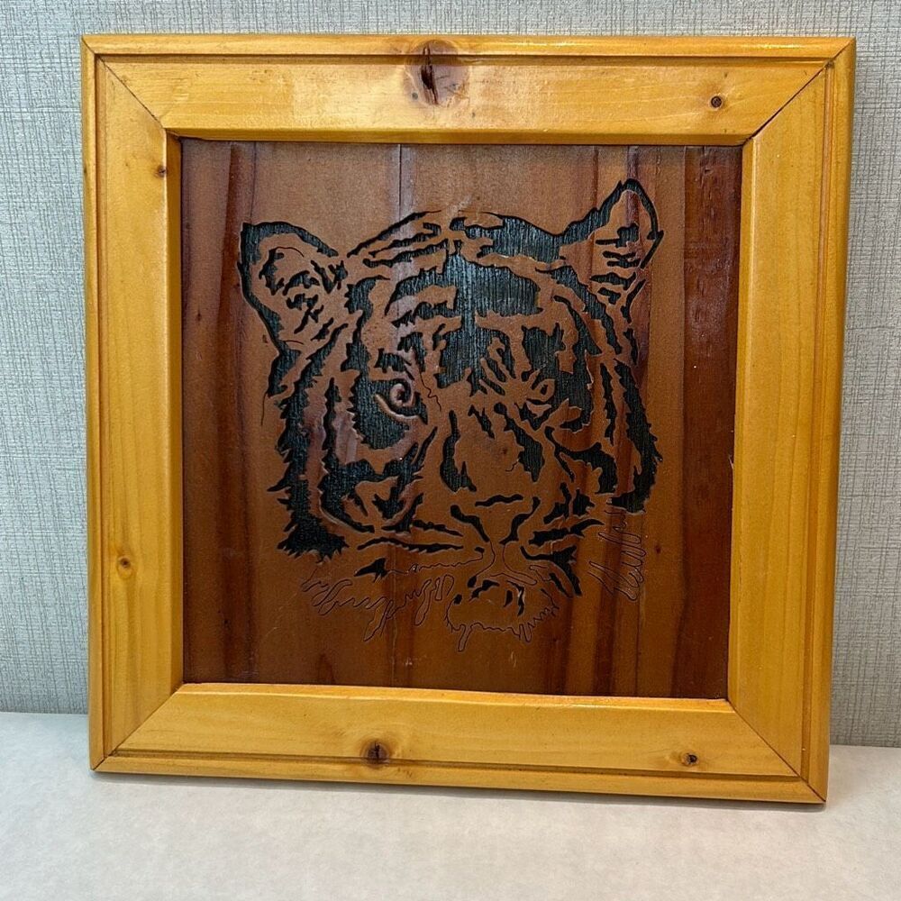 Vtg Handcrafted Tiger Wood Cutout Art Framed Animal Wildlife